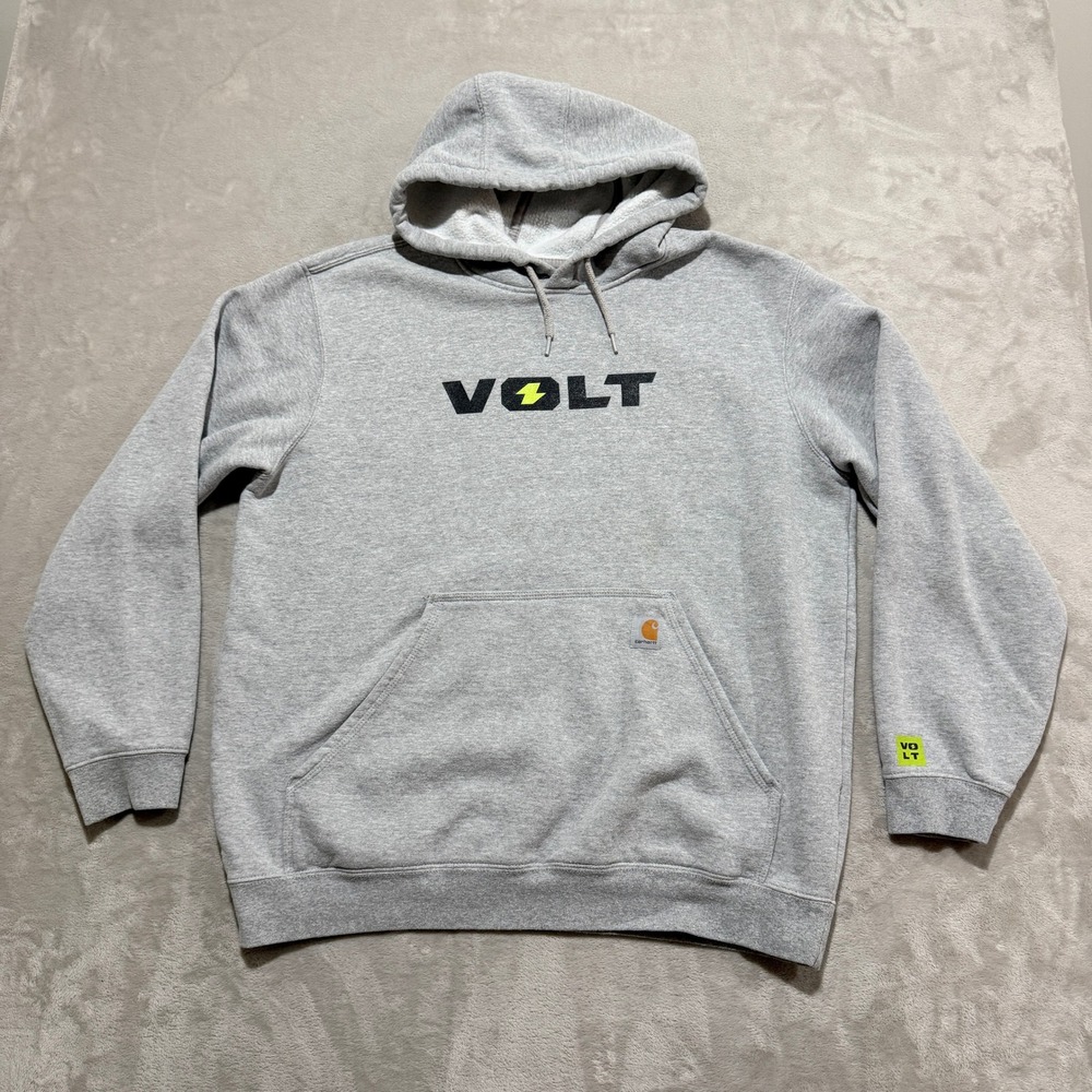 Carhartt Hoodie Mens L Gray Loose Fit K121 Volt Pullover Graphic Work Sweatshirt